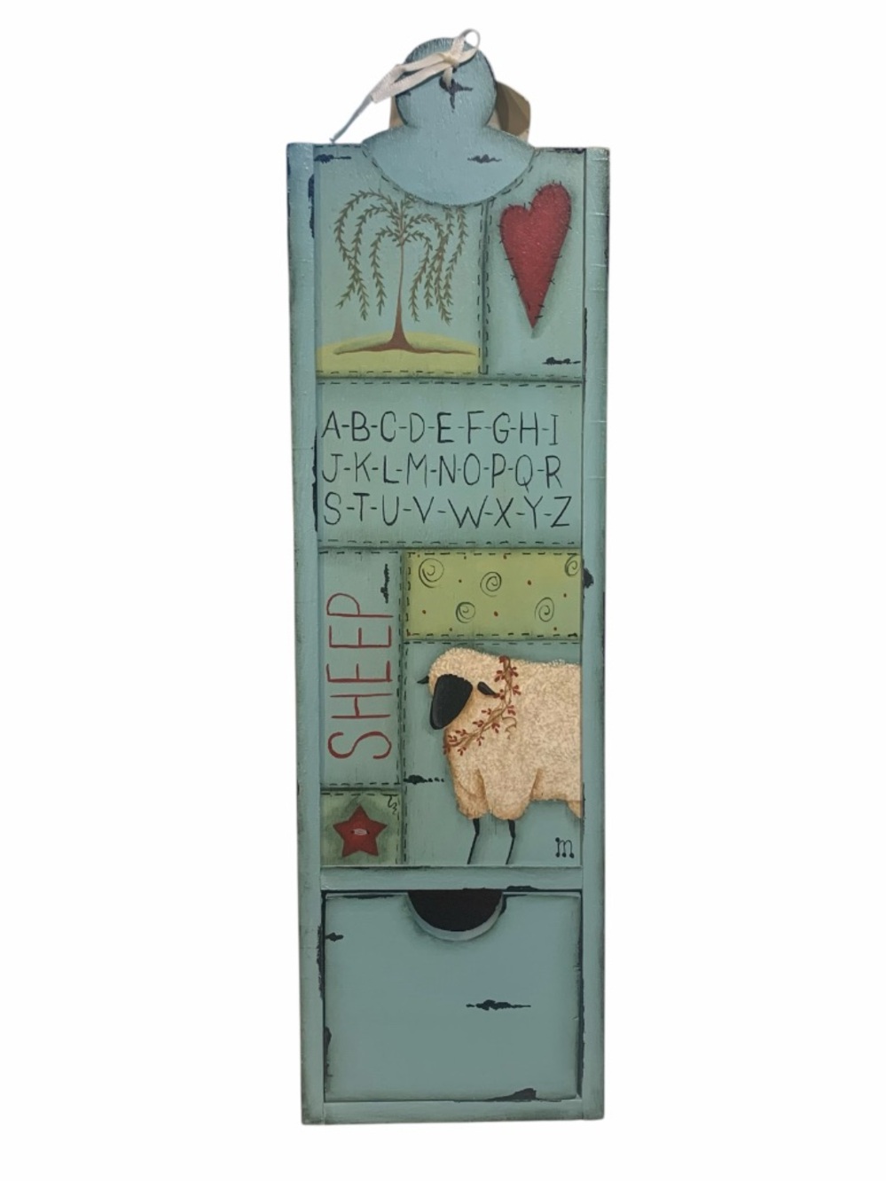 Hand Painted Primitive Folk Art Wooden Storage Box w Drawer Matches, Tea, Spoons